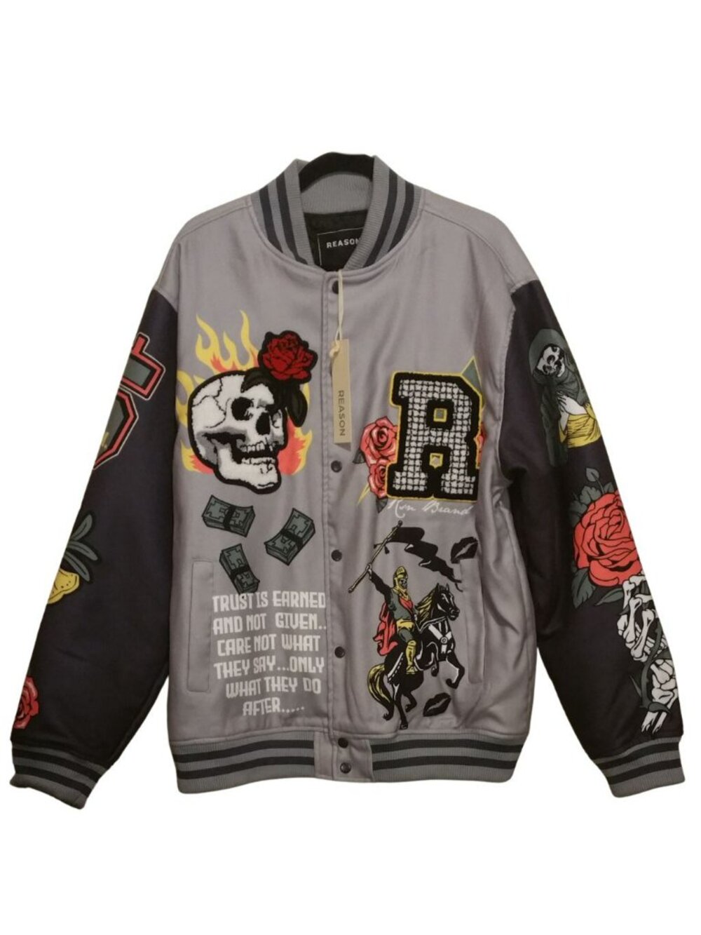 REASON Trust Patch Varsity Jacket Gray Men's Size XL - NEW